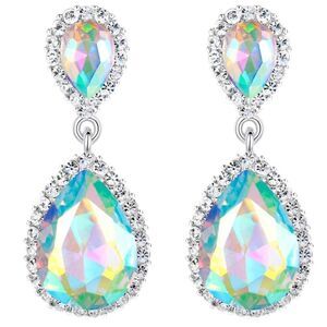 Silver with Iridescent AB and Diamond Austrian Crystal Teardrop Post Earrings